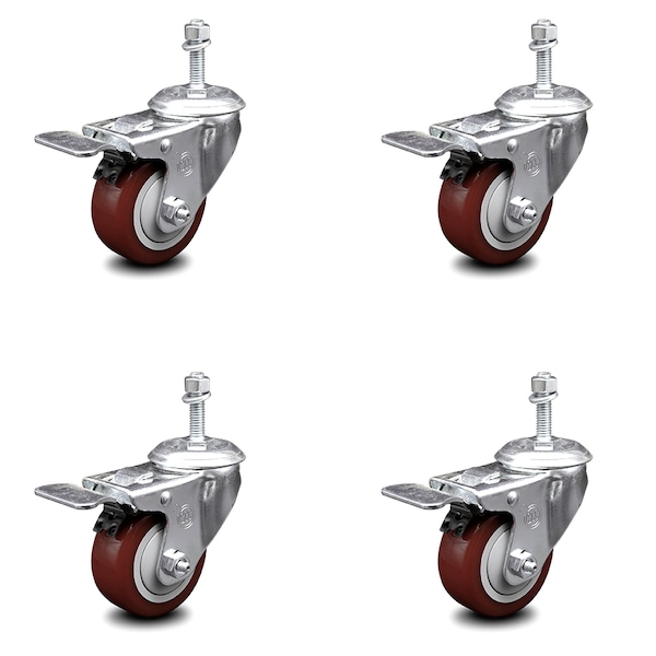 Service Caster 3.5 Inch Maroon Polyurethane Swivel 10mm Stem Caster Set Total Lock Brake SCC-TSTTL20S3514-PPUB-MRN-M1015-4 - main